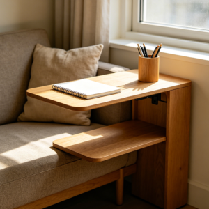 Narrow Sofa Table Used as a Small Writing Desk with Two Tiered Shelves